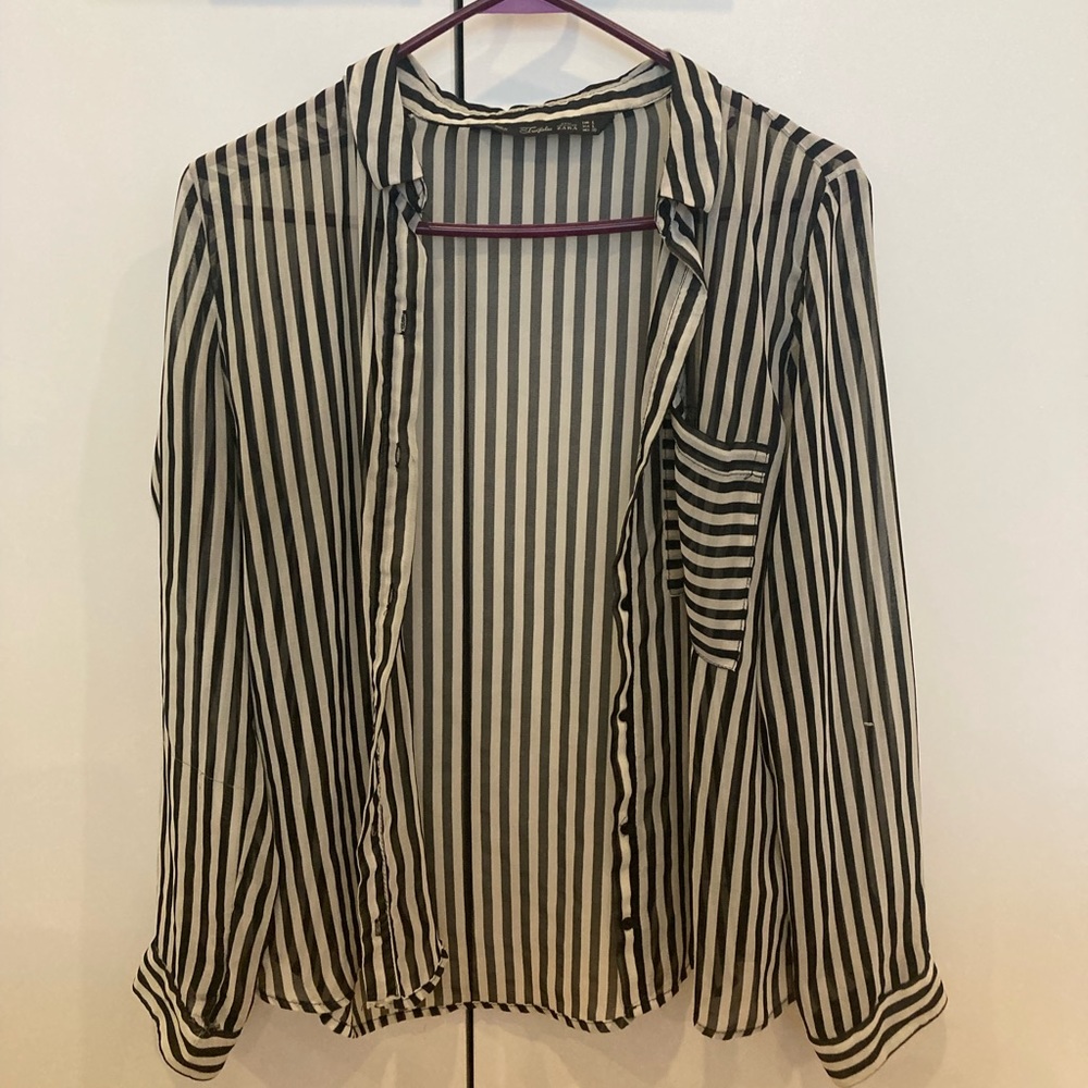 Zara Black and White Striped Button Down Shirt